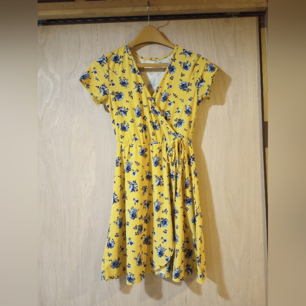 Yellow Floral Wrap Mini Dress